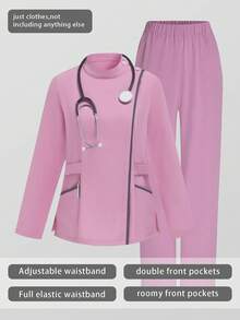 بدلة عمل ذات أكمام طويلة وياقة، متعددة الجيوب، موضة للتنقل والعمل في صالونات التجميل ومحلات الحيوانات الأليفة، مجموعة خفيفة الوزن بألوان متباينة - وردي - مشاهدة 1