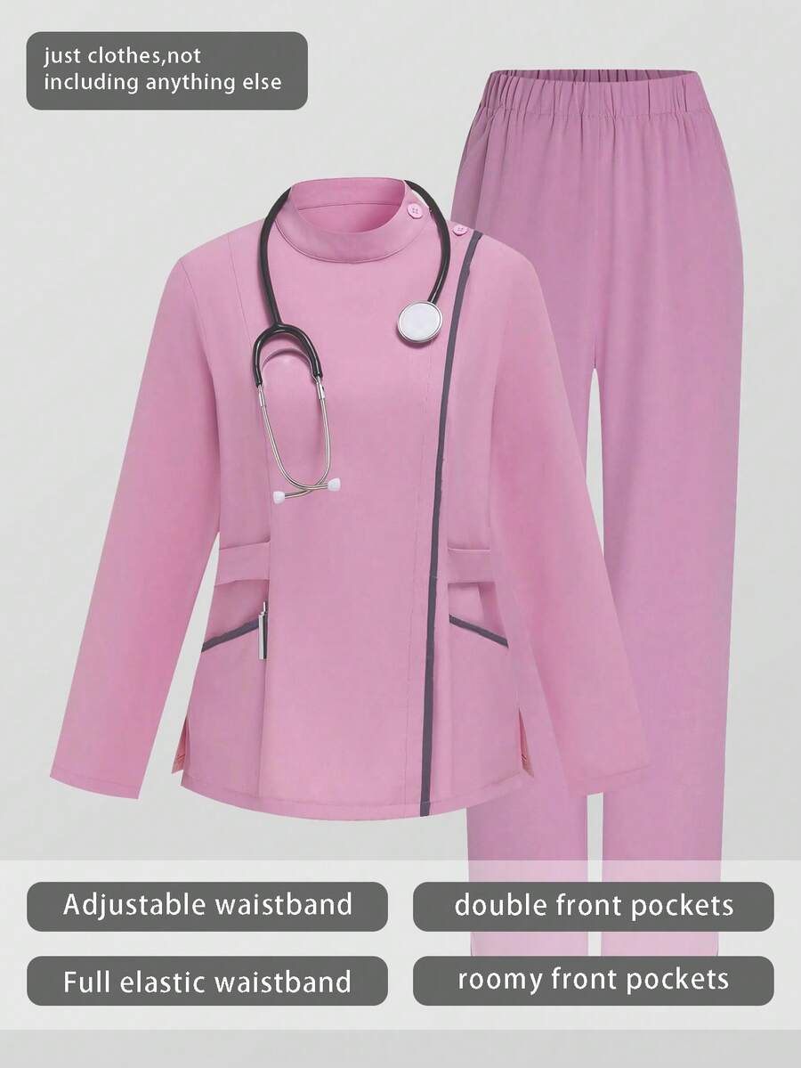 بدلة عمل ذات أكمام طويلة وياقة، متعددة الجيوب، موضة للتنقل والعمل في صالونات التجميل ومحلات الحيوانات الأليفة، مجموعة خفيفة الوزن بألوان متباينة - وردي - مشاهدة 1