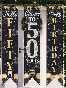 3pcs Black & Gold 50th Birthday Door Sign, Black & Gold Birthday Polyester Hanging Banner "Hello 50, Cheers To 50!", Balloon, Cake, Champagne, Firework Design 50th Birthday Decor, 50th Birthday Party Room Decoration - Black Gold 50th Birthday - View 8