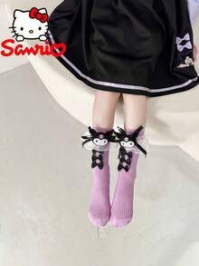 Sanrio 1 Peça Meias Longas Fofas da Sanrio com Kitty & Melody, Design de Bordado de Gato Rosa e Laço, Sola Grossa Adequada para Todas as Estações, Meias Kawaii Adequadas para Meninas, Acessório Combinando com Personagens da Sanrio, Moda e Diversão, Tecido Macio, Imperdível para Fãs de Anime