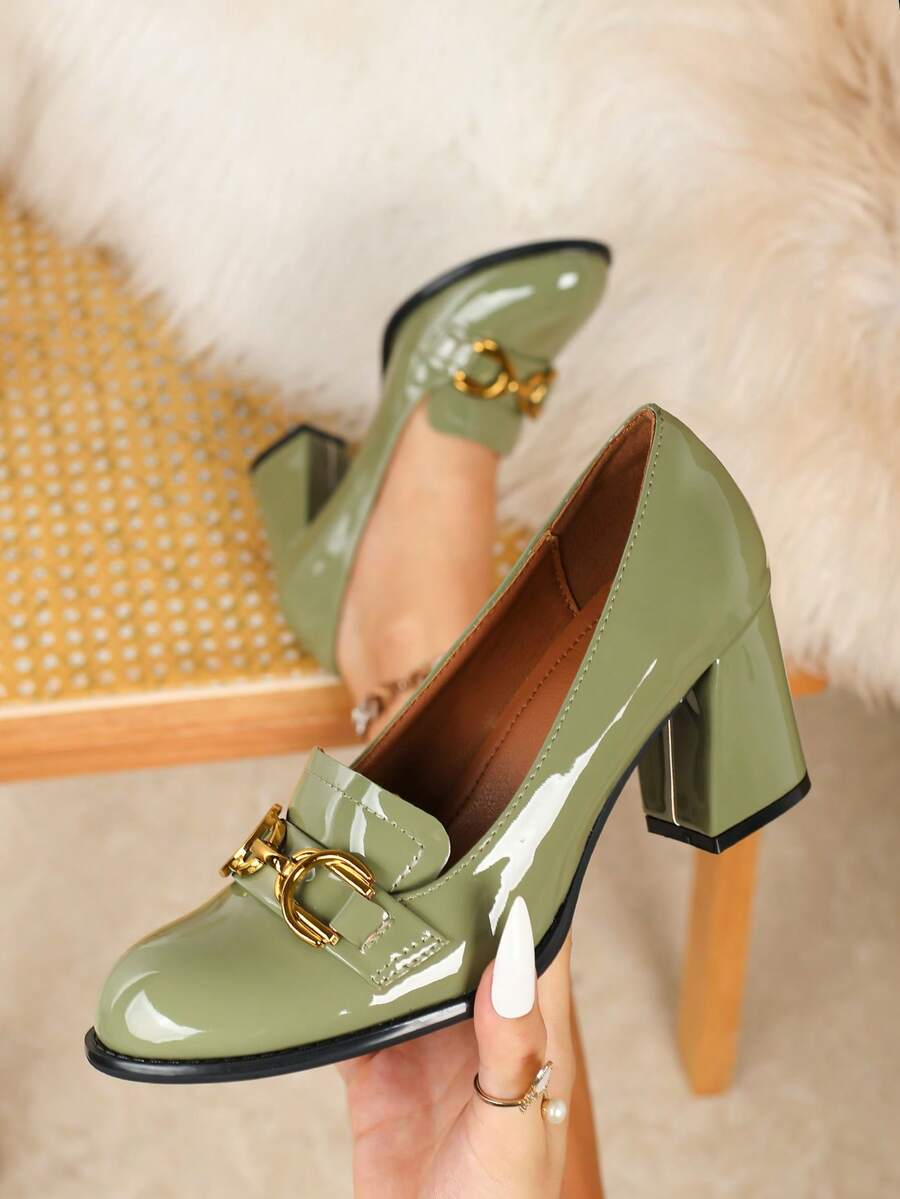 Plus Size Olive Green Round Toe Chunky Heel Pumps, Comfortable Office, Casual, Formal, Wedding, Party Shoes For Women