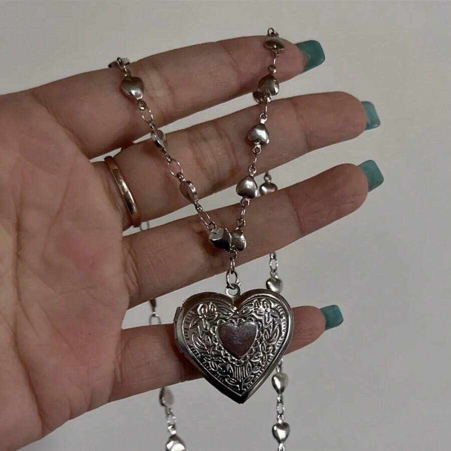 Collar con colgante de marco de foto de plata con forma de corazón abierto - Regalo de San Valentín para amigos, joyería para hombres y mujeres - 007-c - Ver 1