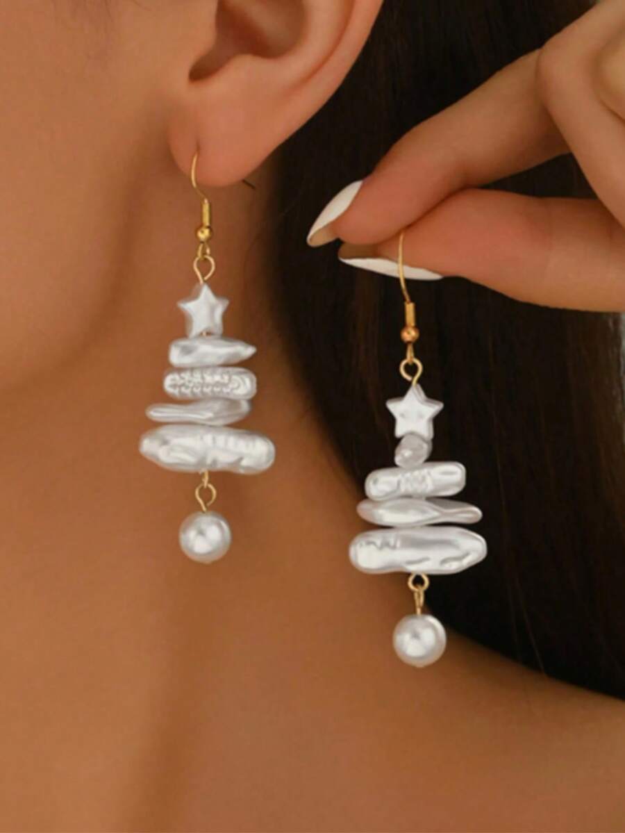 两件套优雅珍珠圣诞树和星星造型耳环，巴洛克珍珠风格，适合各种场合，完美的节日礼物 - 白色 - 查看 1