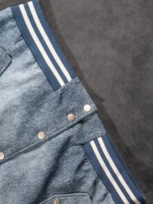 Patchwork Contrast Color Unisex Spring/Autumn Stand Collar Denim Jacket, Street Style Collegiate Casual Fashion Versatile Bomber Jacket With Pockets - Baby Blue - View 10