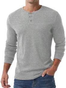 Men's Henley Long Sleeve Casual Classic Button Pullover Tee - Styles - Gray - View 5