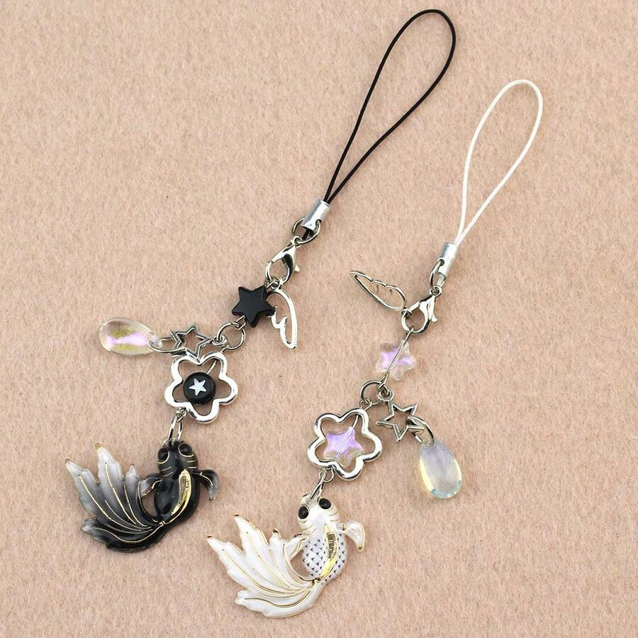 2-Piece Set Of Anime-Style Acrylic Phone Charms, Y2K Aesthetic Koi Fish And Star Bead Phone Strap, Phone Case Keychain Pendant, Bag Decoration - Black And White - 2 件(白色+黑色) - 查看 1