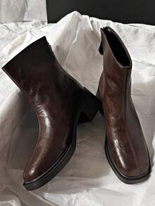 Fall/Winter Chelsea Boots For Women, Leather Upper, Chunky Heel, Square Toe, Thermal Lining, Elastic, Slim Fit, Ankle Boots - Brown - View 3