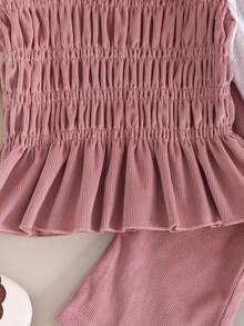 女婴秋季服装蕾丝花边圆领泡泡袖二合一T恤和裤子套装 - 藕粉色 - 查看 5