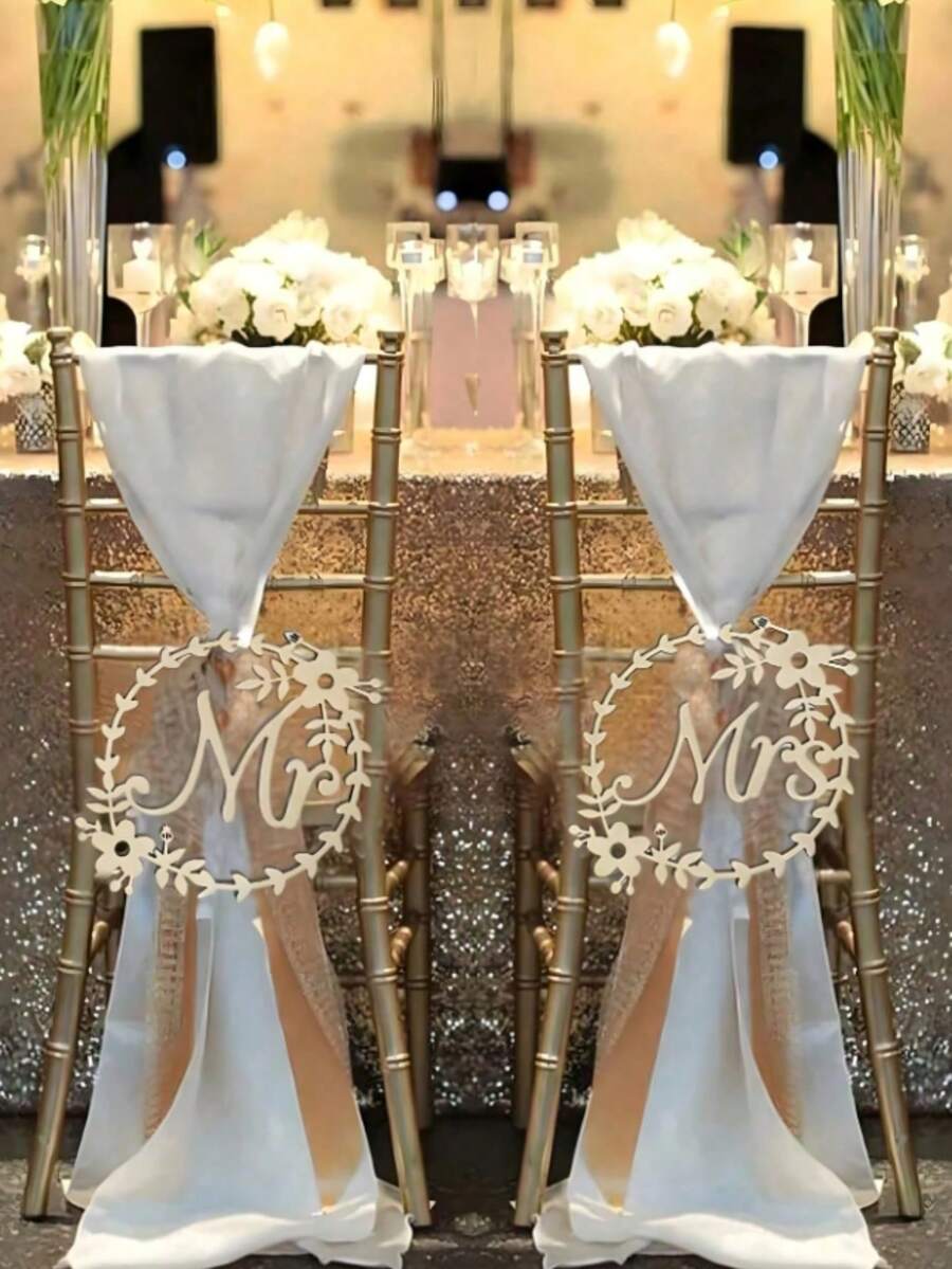 2pcs Mr. And Mrs. Wedding Chair Back Creative Letter Pendant Wedding Gift (With Two Ribbons) Can Be Used As Photo Props, Souvenirs, And Perfect Gifts For Family, Friends, Or Other Newlyweds In Your Life