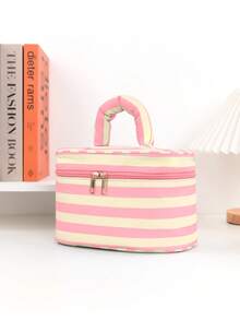 1pc Striped Portable Cosmetic Bag With Handle, Large Capacity Travel Toiletry Organizer With Zipper Closure, Cute Makeup Bag For Women And Girls With Compartments, Travel Cosmetic Bag With Zippered Mesh Pocket And Adjustable Dividers Toiletry Bag, Perfect For Daily Use, Dorm Or Holiday Travel Make Up Bag - Multicolor - View 10