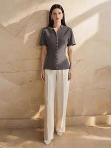 Women's College Style Geo Print Short Sleeved Notched Neck Teacher Elegant Blouse Formal Attire - Dark Grey - View 3