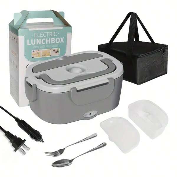 Portable Insulated Lunch Box, Stainless Steel Food Warmer With Sauce Container, Leak-Proof Fruit Bowl And Auto Plug, Electric Heating Lunch Bag For Camping, Picnic, Home Meal Heating, Bento Box With Heater, Dual Compartment Food Container, Sturdy Plastic Container, Hand Wash Care, Commuter, Office Worker