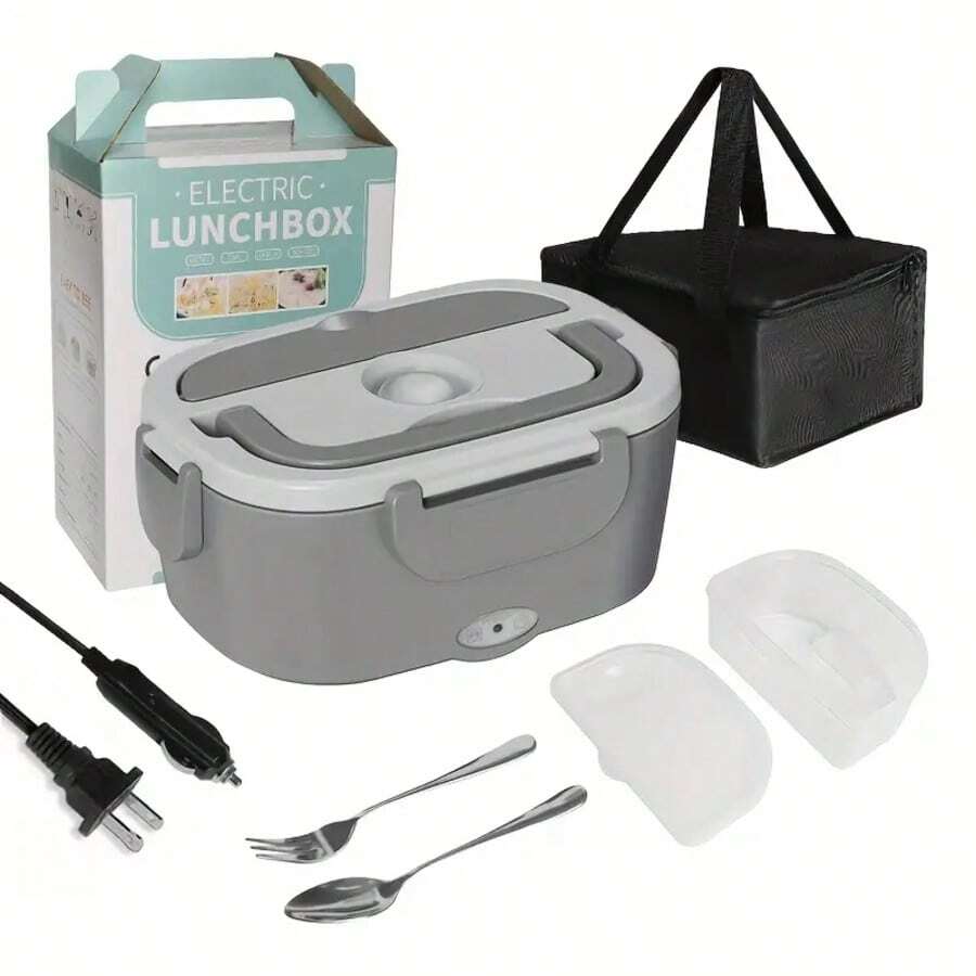 Portable Insulated Lunch Box, Stainless Steel Food Warmer With Sauce Container, Leak-Proof Fruit Bowl And Auto Plug, Electric Heating Lunch Bag For Camping, Picnic, Home Meal Heating, Bento Box With Heater, Dual Compartment Food Container, Sturdy Plastic Container, Hand Wash Care, Commuter, Office Worker