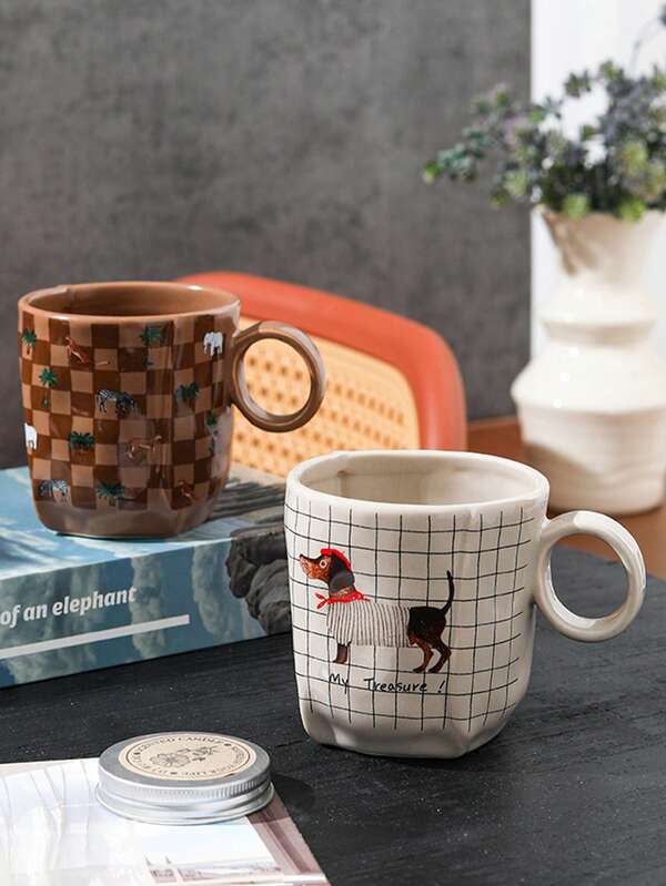 1pc Retro Checkerboard Ceramic Cup, Korean Ins Style Creative Niche Couple Mugs, High-Quality Checkerboard Coffee Cup, Artistic & Large Capacity, Suitable For Milk/Coffee/Tea, Great Gift For Boyfriend/Girlfriend