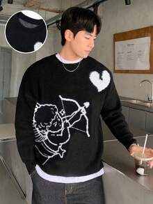 1pc Teen Boys Casual Outdoor Cool Fashion Angel Shooting Heart Jacquard Black Long Sleeve Sweater, Slouchy Crew Neck Knit Pullover, Warm & Thick, Suitable For Spring, Autumn & Winter