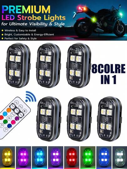 Luzes estroboscópicas LED sem fio 4LEDs 6PCS atualizadas com controle remoto, 8 cores Tipo C recarregáveis, luz de advertência anticolisão para carro, motocicleta, bicicleta, drone, aeronave