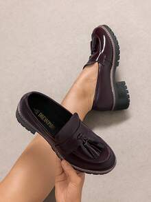 Women's Loafers Slip On Platform Chunky Penny Heeled Dressy Work Business Casual Loafers Autumn Shoes - 酒紅色 - 查看 4