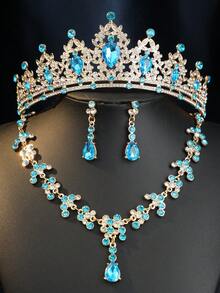 4件套优雅水钻莱茵石女王皇冠项链套装，新娘婚礼头饰，派对巴洛克风格珠宝情人节配饰 - 湖藍色 - 查看 7