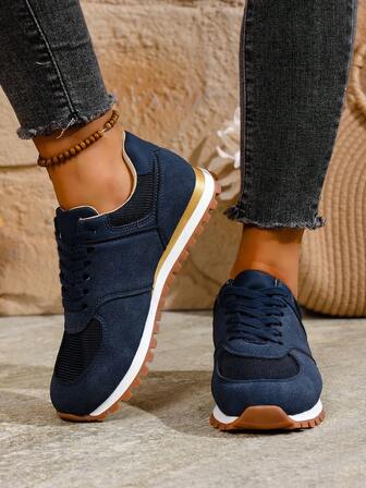 Women's Retro Lightweight Lace-Up Color Block Casual Sneakers, Fashion Round Toe Athletic Shoes