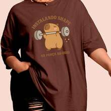 Women's Plus Size Capybara Print T-Shirt, Round Neck, Short Sleeve, Knit Fabric, Relaxed Fit, Casual Top - 鏽棕色 - 查看 2