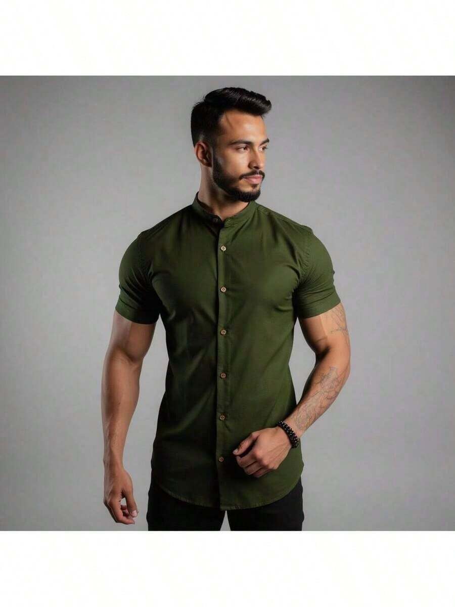 Men's Priest Collar Shirt - 墨綠色 - 查看 1