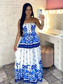 Long Strapless Dress Printed With Elastex Crepe Fabric Summer Beach Non-Wrinkle Fabric - Màu xanh lam - Xem 3