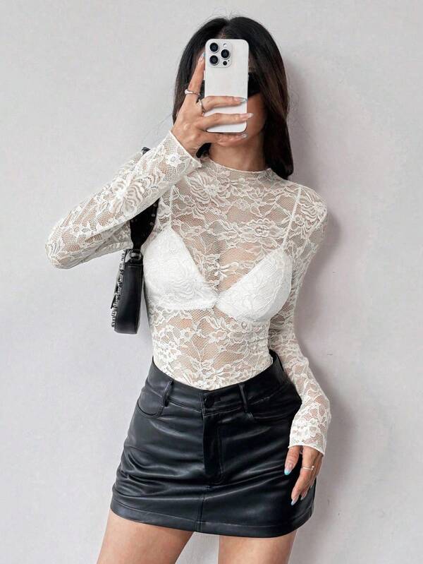 Body Blusinha Feminina Manga Longa Tule Transparente Sensual Floral Fashion Promoção