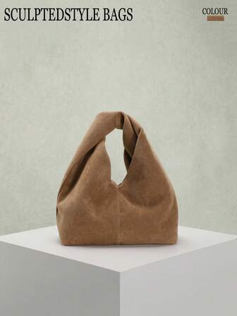 1 pieza Bolso con estilo esculpido Otoño/Invierno Nuevo Vintage Marrón Maillard Tipo Terciopelo Bolso de Mano de Cuero PU, Bolso de Mujer Estilo Minimalista, Adecuado para Ir al Trabajo con Abrigo