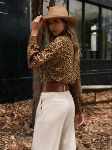 Women's Elegant Leopard Print Full Body Button Down Long Sleeve Casual Shirt, Autumn Middle Eastern Style Casual And Formal Leopard Print Shirt - Yellow - View 5