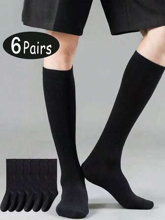 6 Pairs Unisex Multicolor Knee-High Socks - Black/White/Gray Fashionable Knit Long Socks, Elastic Soft Breathable Fabric, Comfortable Versatile Socks, Ideal For Daily Wear, Business & Casual Outfits, Must-Have Popular Footwear Accessory For Men & Women.