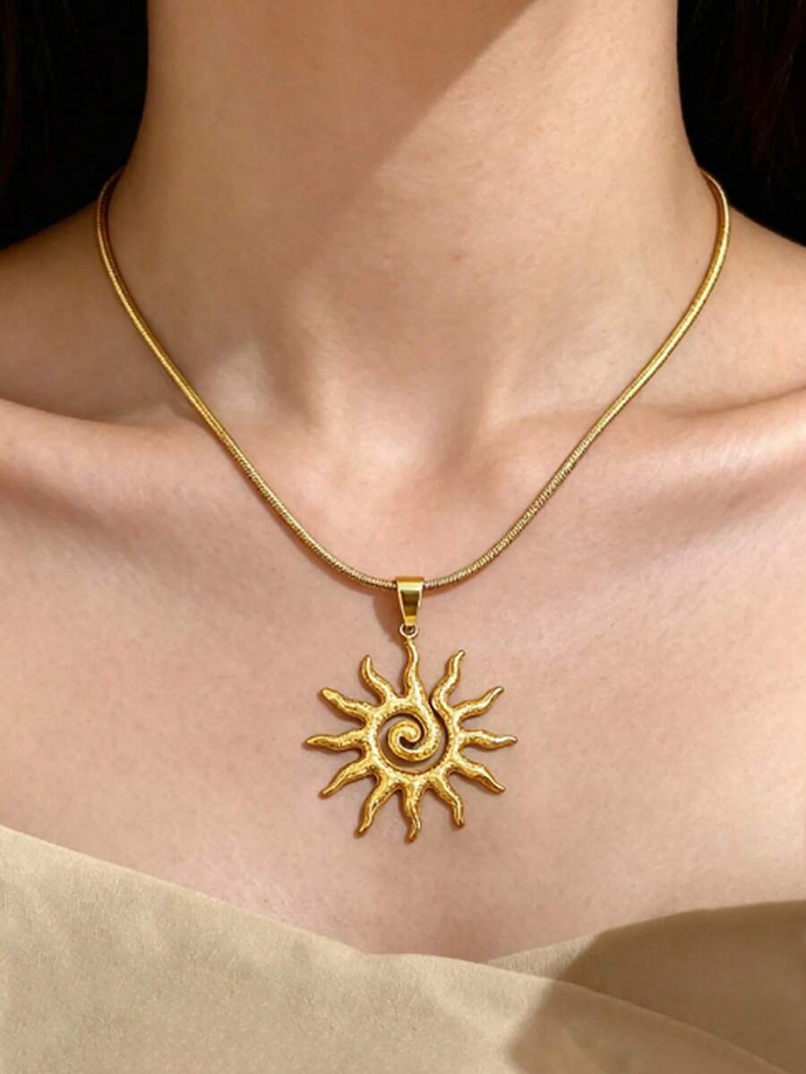 1件复古太阳图腾吊坠项链，女士不锈钢链项链，日常派对首饰礼品，18K金