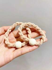 5pcs Coffee-Colored Thick Knitted Pom Pom Elastic Hair Ties, Casual & Versatile, Suitable For Autumn/Winter ,Ponytail Holders ,Hair Elastics ,Hair Rubber Bands ,Scrunchies ,Hair Rope ,Makeup