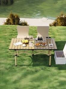 Nuevo juego de mesa y silla de camping plegable de alta calidad (incluye 4 sillas), mesa plegable para mercado nocturno al aire libre, mesa de comedor simple portátil, mesa pequeña portátil de aleación de aluminio de aprendizaje multifuncional - Beis - Ver 3