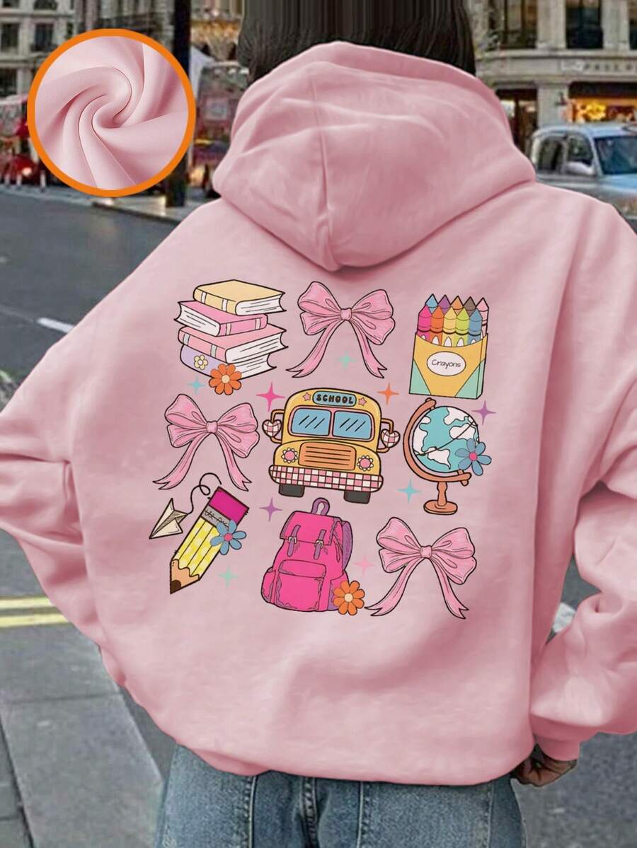 一件少女休闲印花套头卫衣,保暖内衬,长袖,秋冬季学生青少年服装 - 趣味多彩的卫衣,激发每个孩子的想象力 - 粉色 - 查看 1