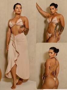 Essenza 3-Piece Bikini Set With Beach Cover-Up – European Style Bow Bikini Set With Ruffle Cover-Up | Resort Fashion - 榛果奶油 - 查看 1