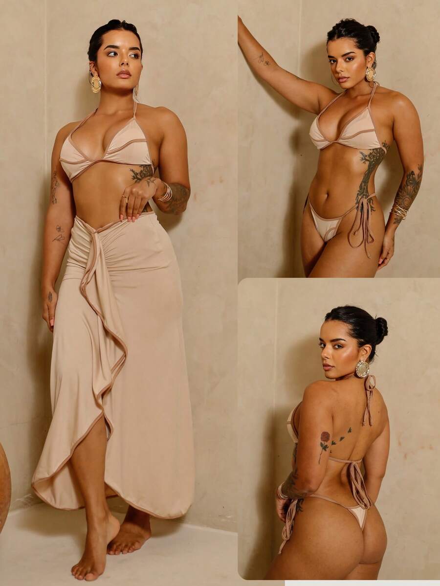 Essenza 3-Piece Bikini Set With Beach Cover-Up – European Style Bow Bikini Set With Ruffle Cover-Up | Resort Fashion - 榛果奶油 - 查看 1