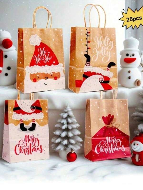 25pcs Christmas Gift Bags, Kraft Paper Bags, Printed Christmas Gift Bags With Handles, Portable Christmas Gift Bags For Mother/Father/Sister/Grandpa, Christmas & New Year Gift Packaging