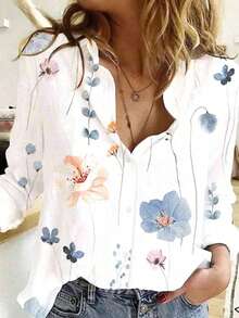 Women's Fashionable Elegant Printed Long Sleeve Blouse, Suitable For All Seasons - White - View 2