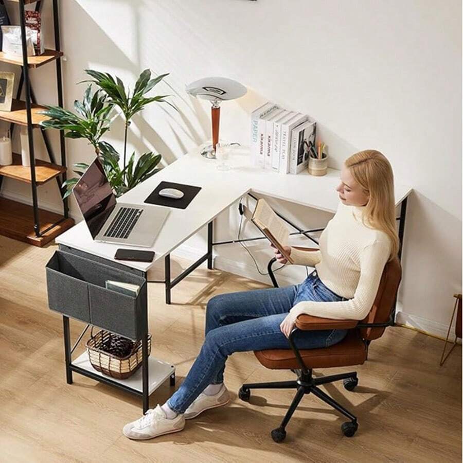 L Shaped Desk Gaming Computer 50 Inch Corner Desks Work Table For Writing Study Student With Wood Tabletop Metal Frame CPU Stand Side Bag For Home Office Small Place - White - View 1