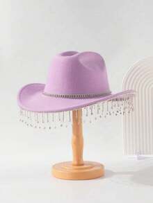 1 Stück Damen Mode Filzhut, dekoriert mit Kristall Strass Kette Gürtel, geeignet für Bankette, Jazz-Partys, Hochzeiten, Western-Themen-Partys, Unisex