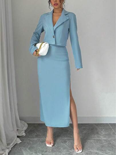 2pcs/Set Women's Solid Color Casual Commuter Suit, Long Sleeve Single-Breasted Notched Collar Blazer Paired With High Waist Long Slit Skirt, Autumn/Winter 2025 European And American Style