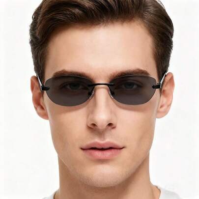 1 buc. Ochelari de soare cu ramă mică, metalici, fără ramă, design oval, minimalist, pentru femei, potriviți pentru purtare zilnică și fotografie stradală, ochelari de soare vintage, accesorii de plajă, accesorii de plajă pentru femei, ochelari de soare, elemente de bază, toamnă și iarnă, ținute pentru femei, haine, cadouri casual de afaceri