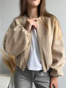 Women's Fashionable Versatile Solid Color Short Jacket, Autumn/Winter - Khaki - View 3