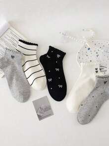 5 Pairs Women's Cute Breathable Striped Bow Polka Dot Pattern Short Invisible Socks, Ankle Socks Crew Socks, Christmas Gift, White Socks, Black Socks For Daily & Casual Wear, Suitable For Fall&Winter, For All Seasons - 彩色 - 查看 2