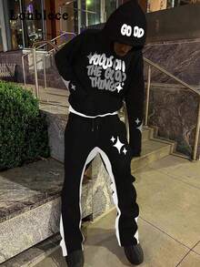 Lonblece 2pcs/Set Men English Graphic Print Hoodie Sweatshirt And Flared Sweatpants, Matching Set, Fall Clothes - Black - View 1