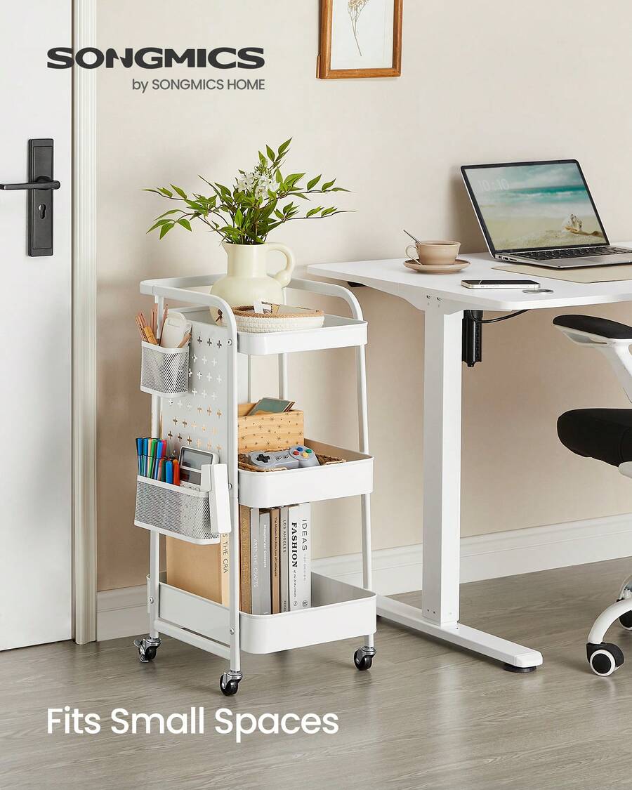 SONGMICS 3-Tier Storage Cart, Rolling Utility Cart, Metal Mesh Shelves, 2 Removable Pegboards, 2 Hanging Holders, 4 Hooks, Craft Cart For Living Room, Kitchen, Office, Bathroom, Cloud White