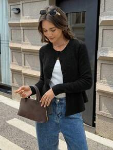 FOR BEAUTY Autumn And Winter Solid Color Round Neck Long Sleeve Waist Slimming Sweater Women's New Daily Casual Commuting Cardigan Fashionable Elegant Simple Coat Christmas Warm Sweater Top New Year