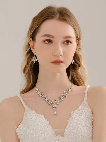 3pcs Silver Wedding Necklace And Earring Set For Women Crystal Bridal Jewelry Set For Bride Bridesmaid Party Accessory