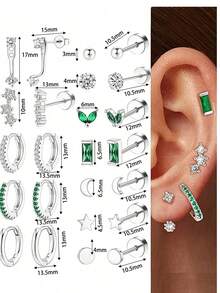 6-24pcs 18K Gold Plated Small Flat Back Stud Earrings For Women Men Hypoallergenic Stainless Steel Earrings Sets Tiny Screw Back Cartilage Earrings Piercing Jewelry Green Clear
