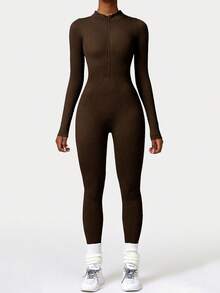 DINBEY Jumpsuit Yoga Lengan Panjang Warna Polos untuk Wanita - Jumpsuit Pembentuk Tubuh untuk Aktivitas Luar Ruangan dengan Resleting dan Fungsi Pengontrol Perut, Mengangkat Bokong dan Melangsingkan Tubuh di Musim Semi - Coffee Brown - View 5